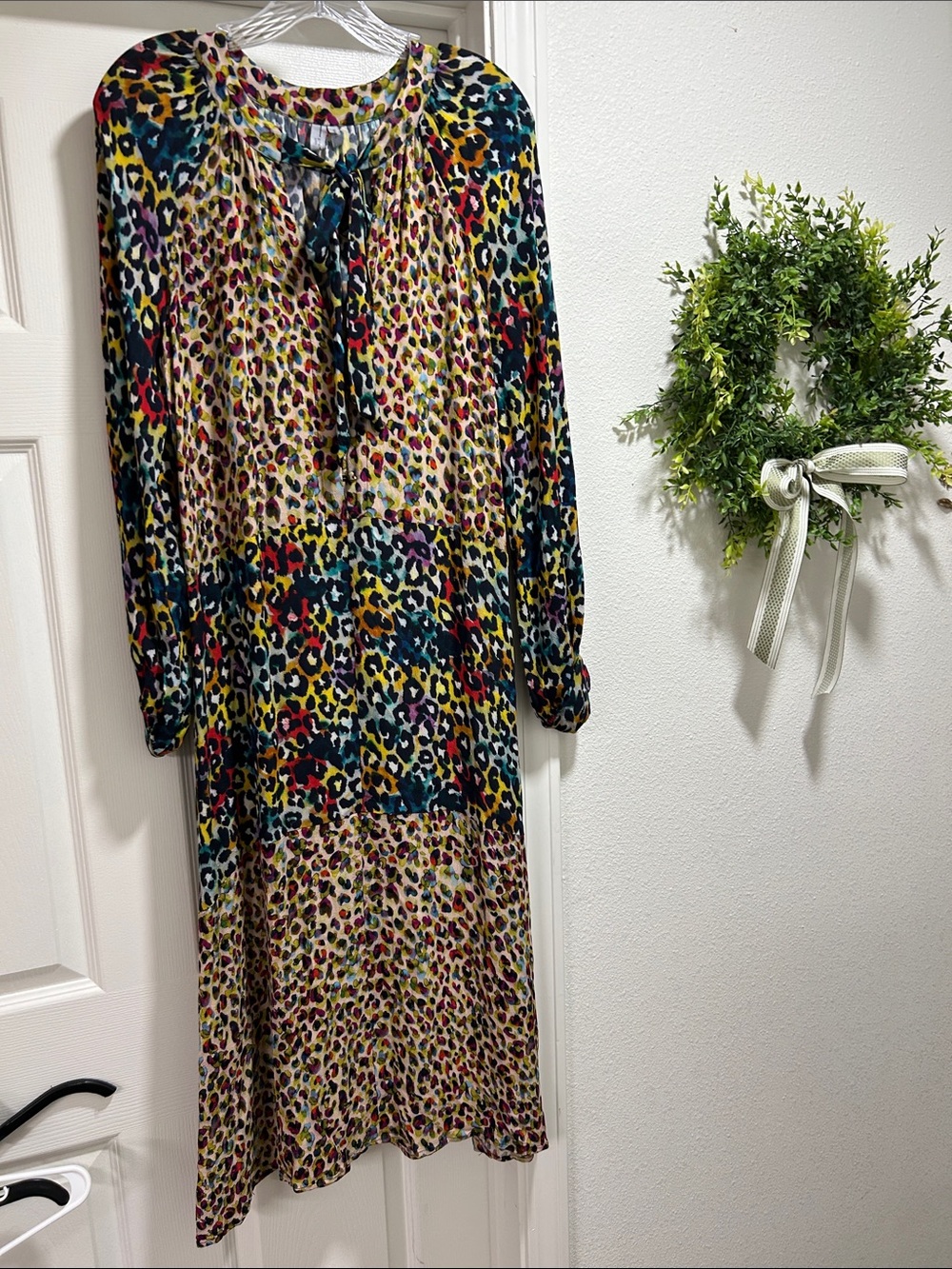 Anthropologie Multicolor Leopard-Print Long Sleeve Midi Dress with Tie Neck